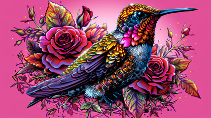 Obraz premium A colorful hummingbird is perched on a pink background with roses and leaves