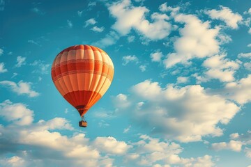 Fototapeta premium A hot air balloon with a decorative basket, floating amidst fluffy clouds and a dotted border, on a bright blue sky background. Ideal for promoting travel adventures, new experiences, and exploration.
