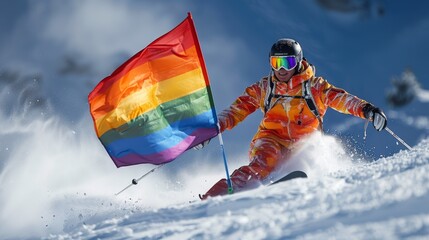 Happy Male Snow Bunny Skiing with Gay Flag during Gay Ski Week Celebration