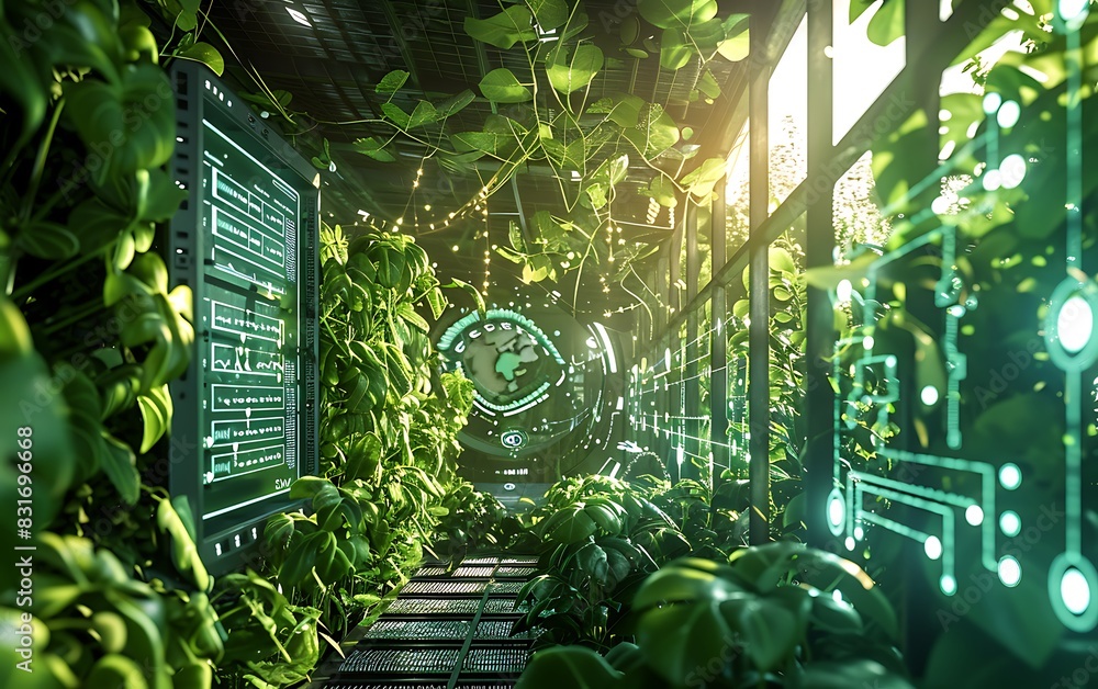 Poster ai-driven farm control center with lush green plants and a transparent digital interface displaying 