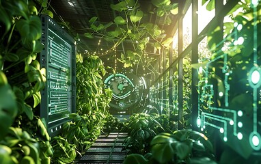 AI-driven farm control center with lush green plants and a transparent digital interface displaying farming operations data