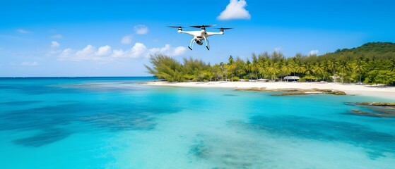 Aerial View of Drone Hovering Above Turquoise Beach Waters