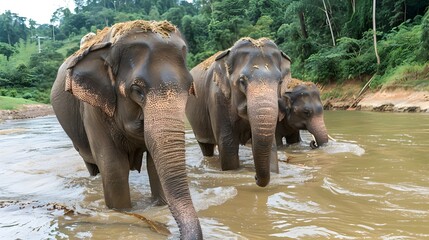 Fototapeta premium Majestic Elephants Bathing in Lush River Sanctuary