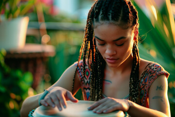 Young woman with braids playing a drum outdoors at sunset - Powered by Adobe