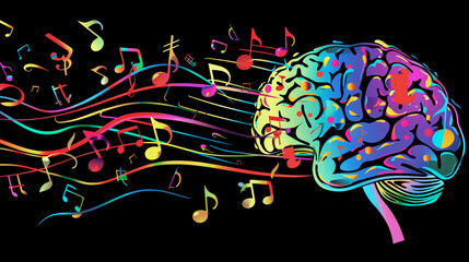 Colorful abstract brain illustration with flowing music notes