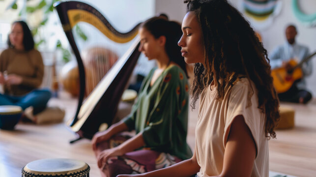 Young women meditating with African drums in wellness session