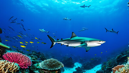 Fototapeta premium underwater silhouette shot of sharks circling little fishs 