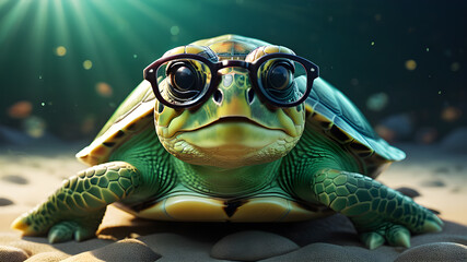 Cute little green turtle with glasses in front of studio background. Generative AI