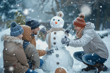 Family building a snowman together in a snowy backyard Stock Photo with copy space