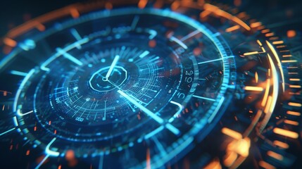 A vibrant futuristic digital interface featuring blue and orange neon lights, showcasing advanced technology and innovation in a cybernetic design.