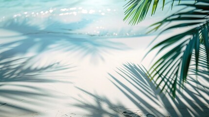 palm leaf shadow on abstract white sand beach background, sun lights on water surface, beautiful abstract background concept banner for summer vacation at the beach - generative ai