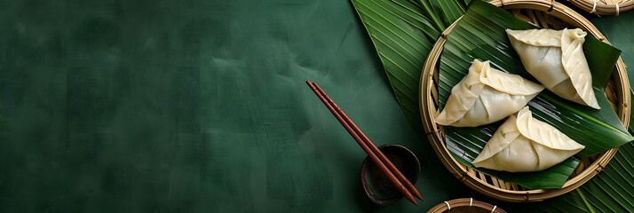 Zongzi steamed rice dumplings on green table background