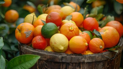 Close-up of a wooden bucket containing mixed garden produce, including tomatoes, zucchini, and eggplants, displayed on a rustic wooden table