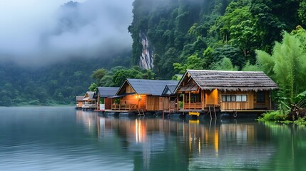 Naklejka premium Tranquil Floating Bungalows on a Misty Mountain Lake in Kanchanaburi Thailand