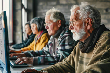 Seniors engaged in a computer class, learning new technology skills, Stock Photo with copy space