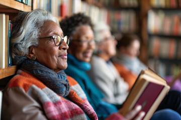 Seniors participating in a book club meeting, discussing their favorite novels, Stock Photo with copy space