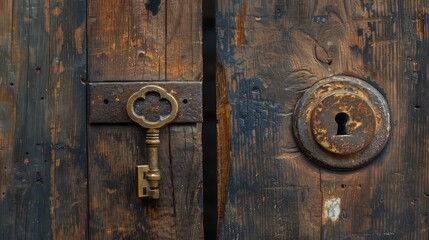 Fototapeta premium Close-up of a vintage door with a brass skeleton key lock, aged patina, isolated background, studio lighting