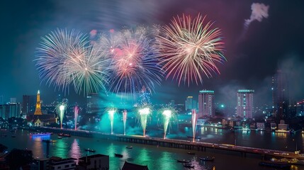 Vibrant Fireworks Display over Riverfront City Skyline at Night