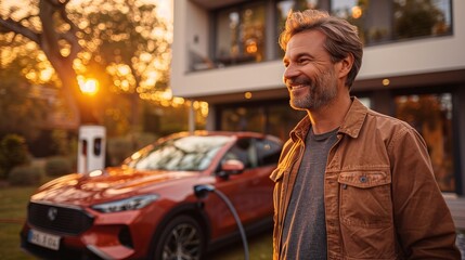 a man is standing next to a new car on the side of the road