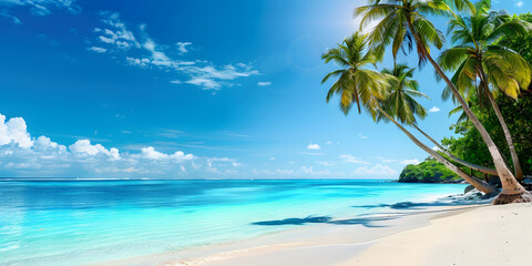 Tropical paradise beach with swaying palm trees and calm turquoise water.