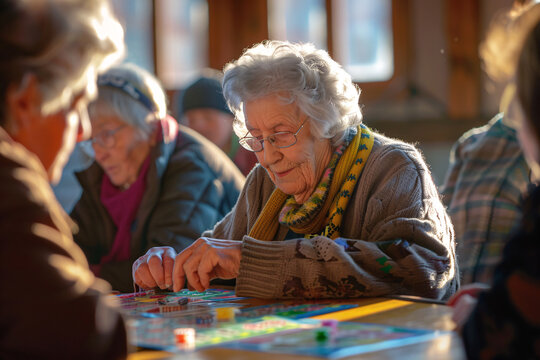Seniors playing a spirited game of bingo at a community center, Stock Photo with copy space