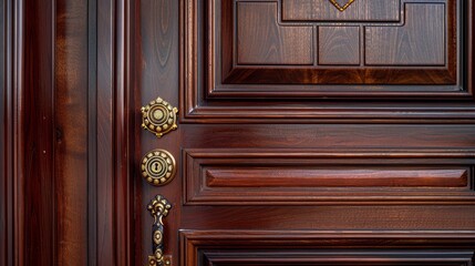 Close-up of a luxury mahogany door with a gold-plated lock and handle, rich wood grain, isolated background, studio lighting