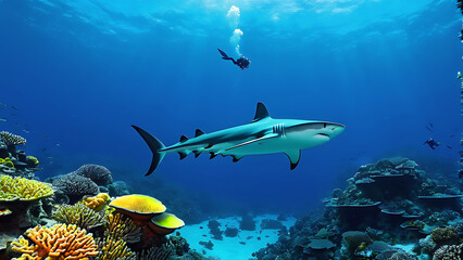 underwater silhouette shot of sharks circling  little fishs 