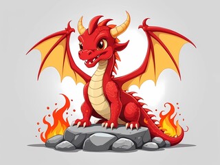 Naklejka premium cute red dragon, fireball on rock