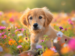 golden retriever puppy playing in a field of colorful flowers