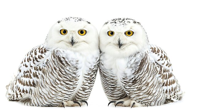 Two snowy Owls (Nyctea scandiaca) over white background 
