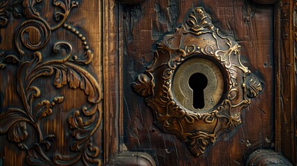 Close-up of an antique wooden door with an ornate brass lock and keyhole, intricate details, isolated background, studio lighting