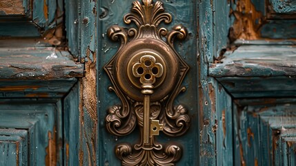 Close-up of an antique brass key inserted in an ornate, weathered front door lock, highlighting intricate details and textures