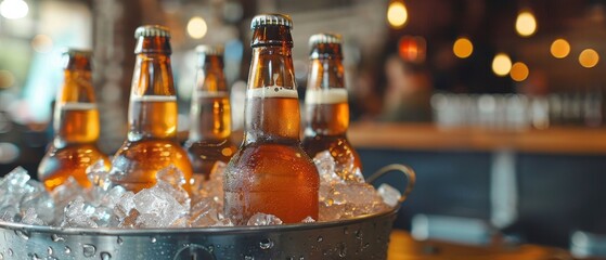 Chilled beer bottles in a metal bucket filled with ice, condensation visible, bar setting with a blurred background