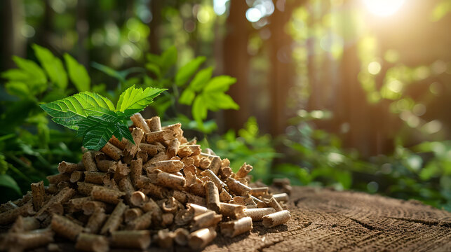 A close-up shot of a pile of wood pellets with a fresh green plant growing from the top.