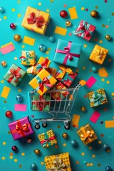 A shopping cart overflowing with colorful gift boxes and discount tags, on a bright teal background. Ideal for promoting online sales and special offers.
