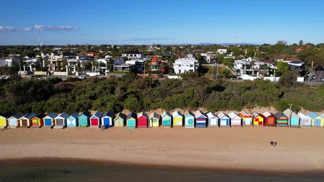Aerial View of Brighton Bathing Boxes, Dendy Street Beach in City of Bayside, Neighborhood of Melbourne, Australia