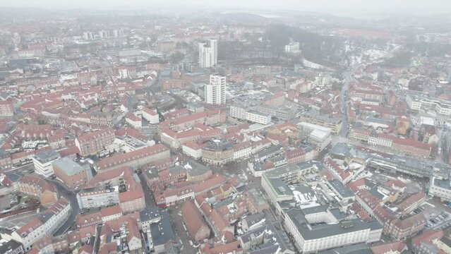 Flying Over Randers Industrial City On A Foggy Day - Aerial Drone Shot