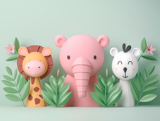 Cute Cartoon Safari Animals with Greenery on Pastel Background