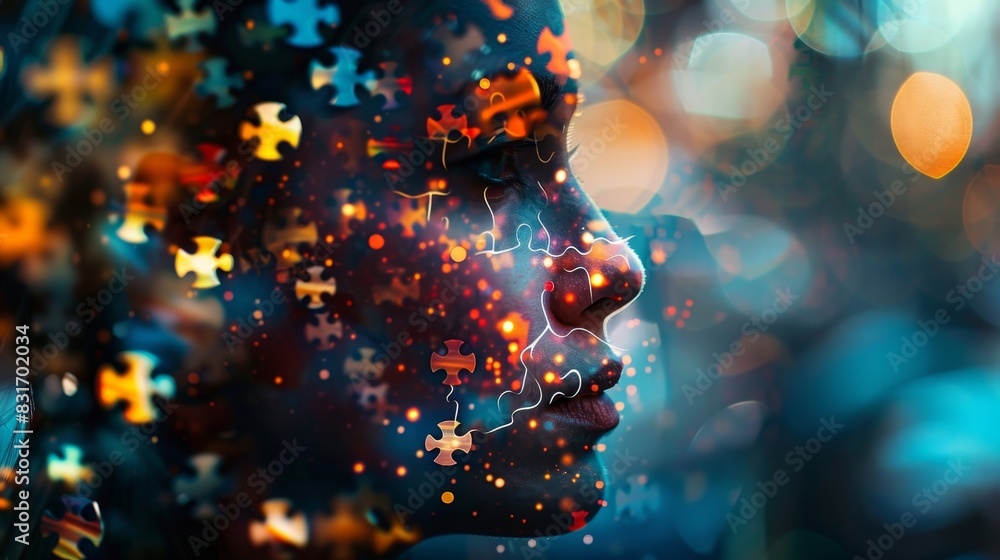 Poster a puzzle piece face made up of various digital elements coming together to represent the puzzle that