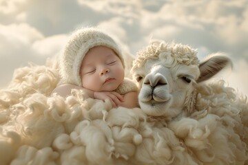 Cherubic Infant Resting Atop Gentle Woolly Alpaca Amidst Serene Cloud-Filled Sky