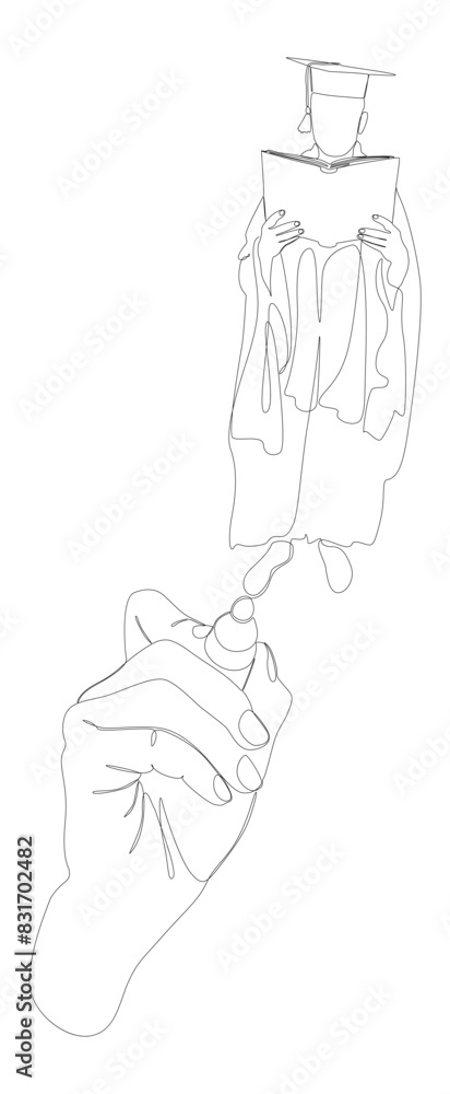 Poster one continuous line of graduation man drawn by with felt tip pen. thin line illustration vector conc