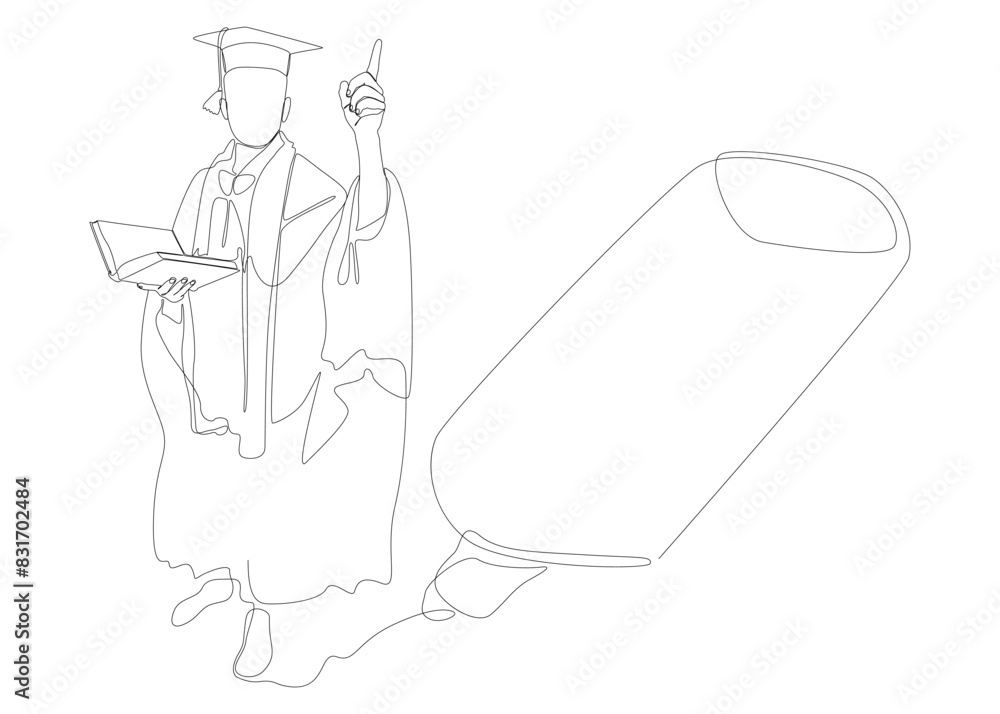Poster one continuous line of graduation man drawn by with felt tip pen. thin line illustration vector conc