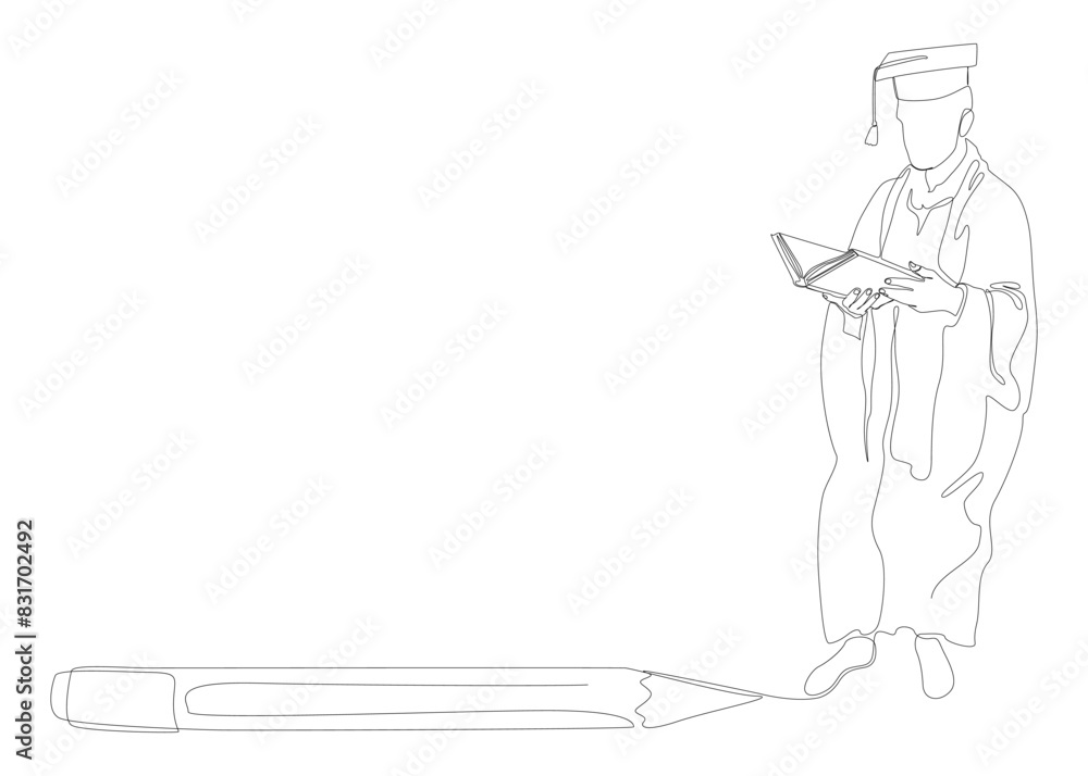 Poster one continuous line of graduation man drawn by with felt tip pen. thin line illustration vector conc