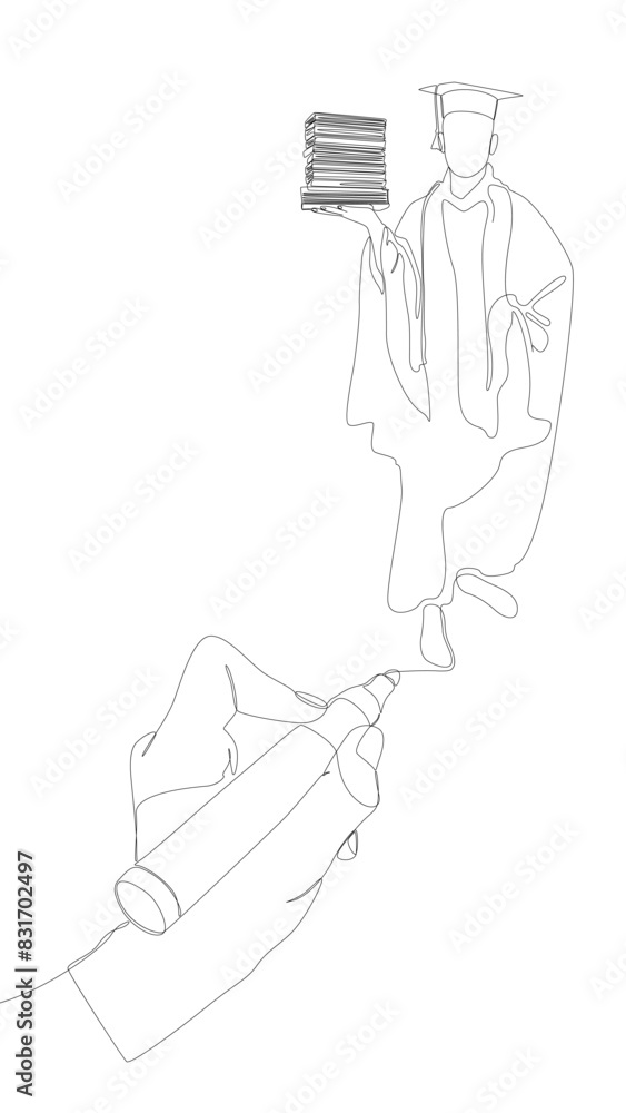 Poster one continuous line of graduation man drawn by with felt tip pen. thin line illustration vector conc