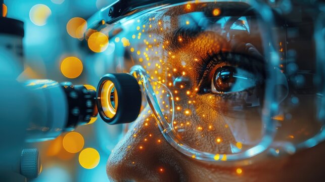 ophthalmologist checking eyesight for patient with modern equipment in hospital.