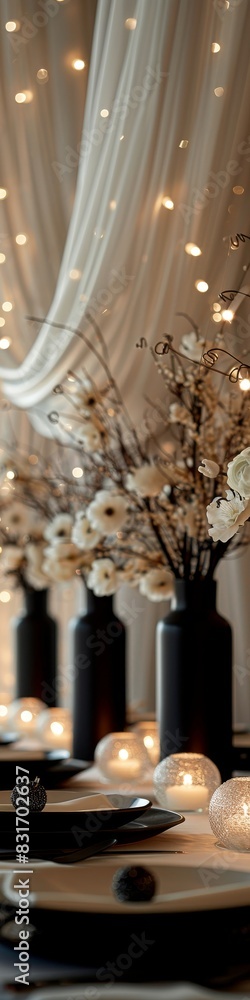 Wall mural a black and white themed party table decorated with a cake, flowers and twinkle lights for a wedding