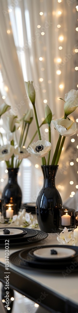 Wall mural a black and white themed party table decorated with a cake, flowers and twinkle lights for a wedding