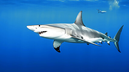 Obraz premium underwater silhouette shot of sharks circling little fishs 