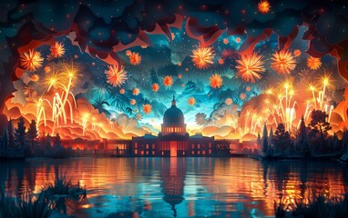 A paper cutout style scene of a fireworks display over the Capitol Building in Washington DC on The Mall