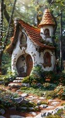 Fototapeta premium Enchanting Fairytale Cottage in a Lush Garden Landscape - Whimsical Digital Art with Cinematic Photographic Style